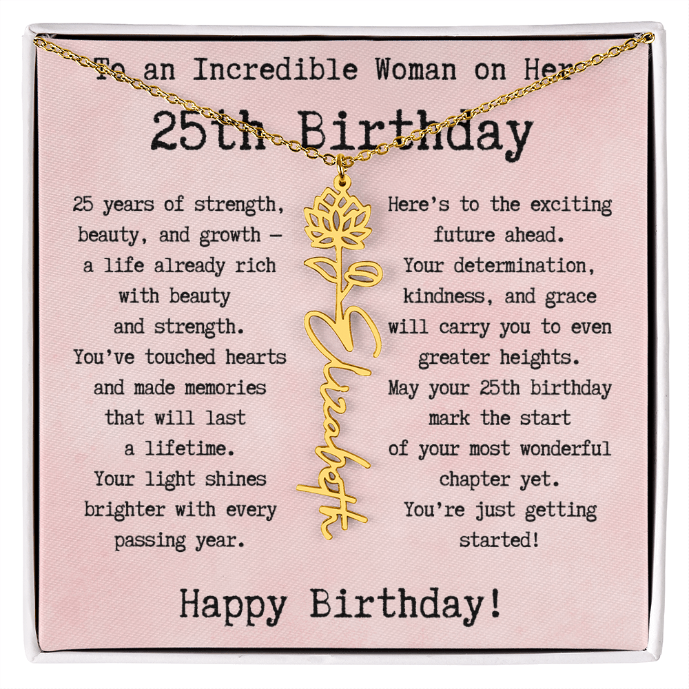Personalized 25th Birthday Gift for Her – Customized Birth Flower Name Necklace – Unique Twenty-Fifth Birthday Jewelry Gift from Grandma, Mom, Aunt, or Friend