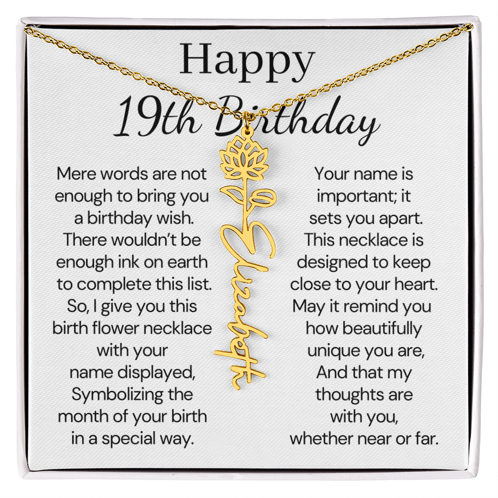 Personalized 19th Birthday Gift for Her – Customized Birth Flower Name Necklace – 19th Birthday Jewelry Gift for Granddaughter, Daughter, or Niece