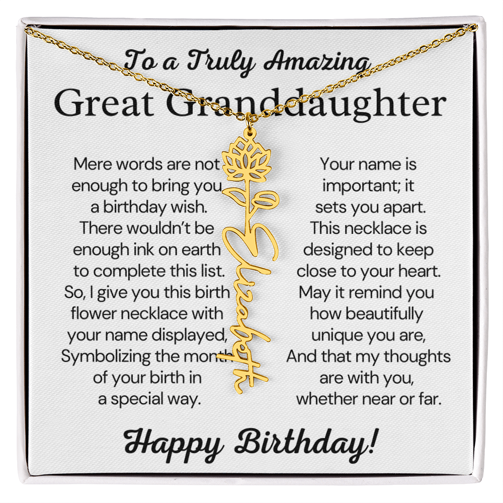 Personalized Birthday Gift for Great Granddaughter – Customized Birth Flower Name Necklace – Custom Jewelry Gift from Grandma