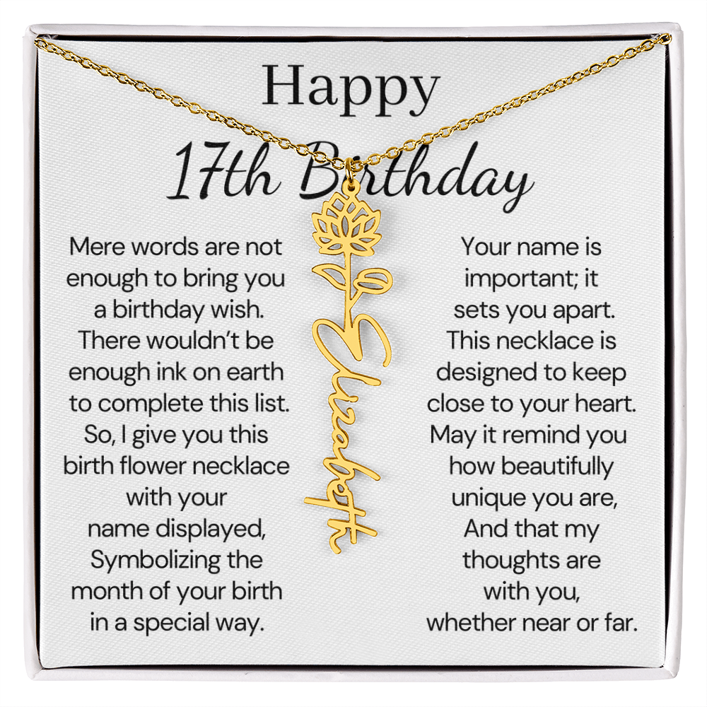 Personalized 17th Birthday Gift for Her – Customized Birth Flower Name Necklace – Jewelry Gift for Daughter, Granddaughter, or Niece