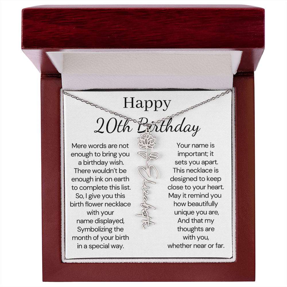 Personalized 20th Birthday Gift for Her – Customized Birth Flower Name Necklace – 20th Birthday Jewelry Gift for Daughter, Granddaughter, or Niece