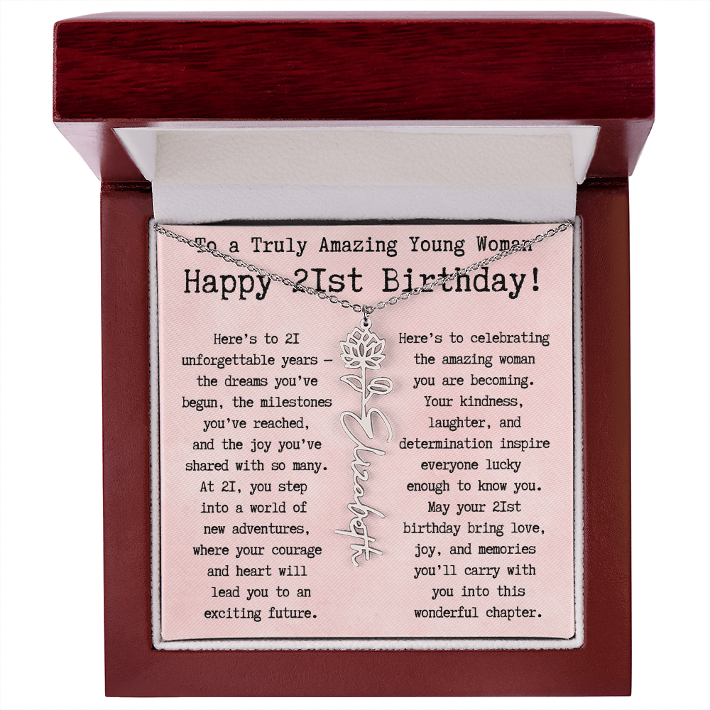 Personalized 21st Birthday Gift for Her – Customized Birth Flower Name Necklace – Unique Twenty-First Birthday Jewelry Gift from Grandma, Mom, Aunt, or Friend