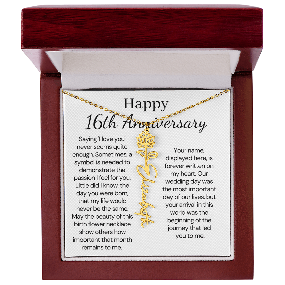 Personalized 16th Anniversary Gift for Wife – Customized Birth Flower Name Necklace – Unique Sixteenth Wedding Anniversary Gift Ideas for Wife
