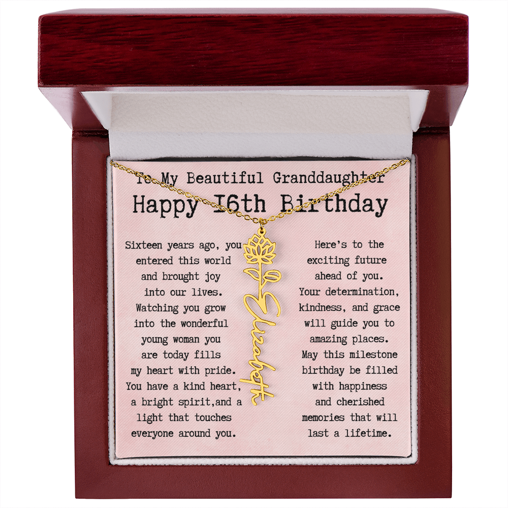 Personalized 16th Birthday Gift for Granddaughter – Customized Birth Flower Name Necklace – Sweet Sixteenth Jewelry Gift from Grandma