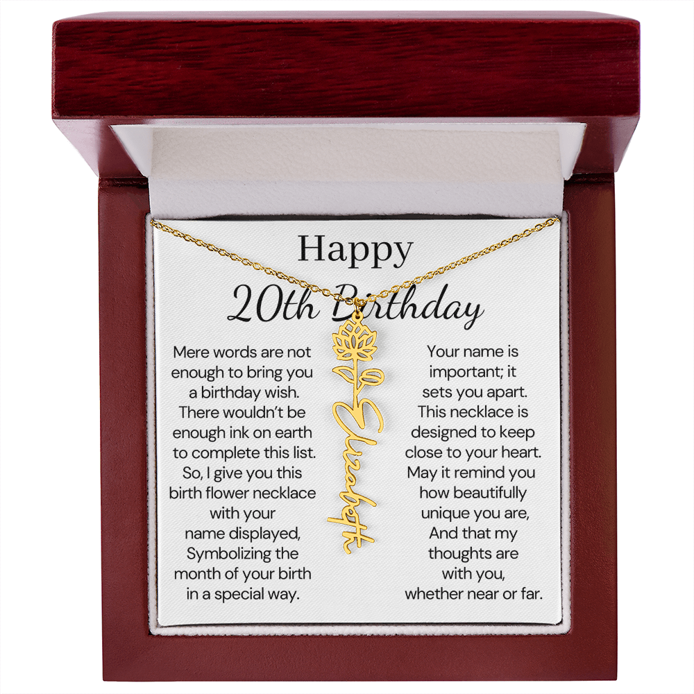 Personalized 20th Birthday Gift for Her – Customized Birth Flower Name Necklace – 20th Birthday Jewelry Gift for Daughter, Granddaughter, or Niece