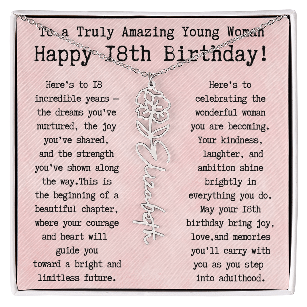 Personalized 18th Birthday Gift for Her – Customized Birth Flower Name Necklace – Unique Eighteenth Birthday Jewelry Gift from Grandma, Mom, Aunt, or Friend