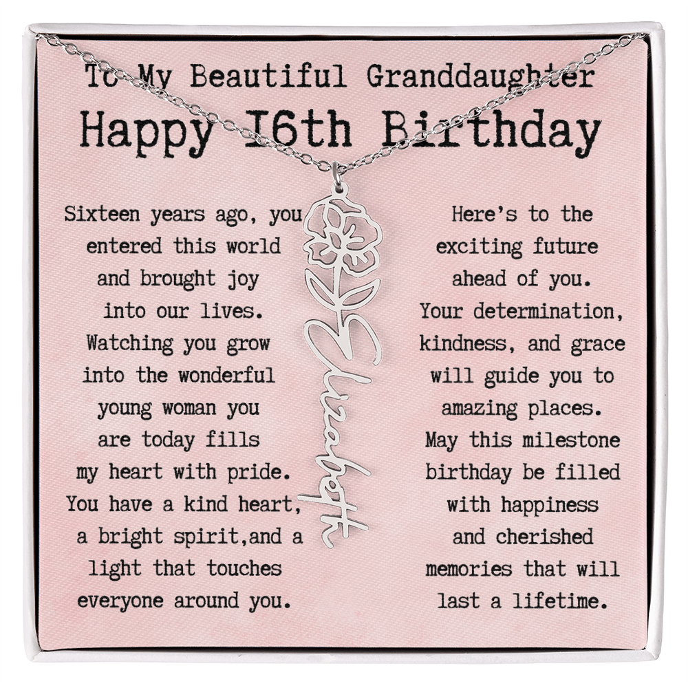 Personalized 16th Birthday Gift for Granddaughter – Customized Birth Flower Name Necklace – Sweet Sixteenth Jewelry Gift from Grandma