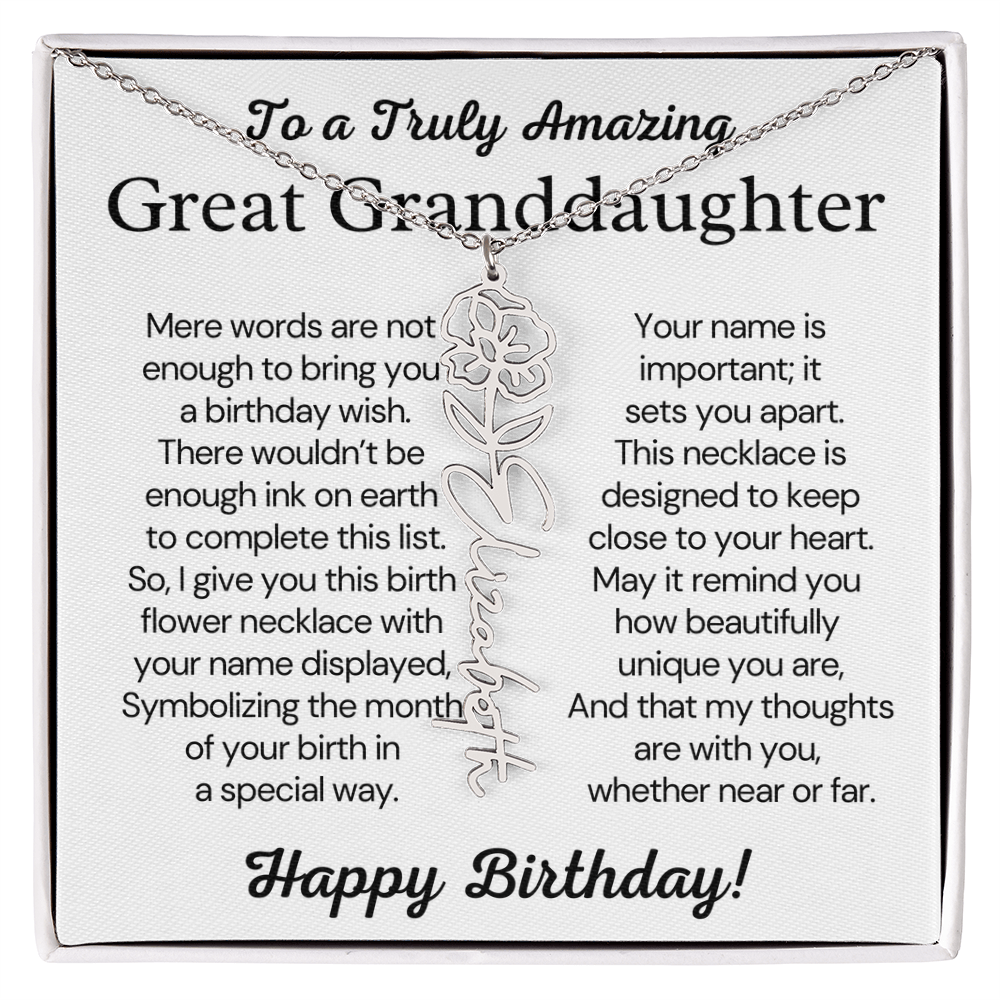 Personalized Birthday Gift for Great Granddaughter – Customized Birth Flower Name Necklace – Custom Jewelry Gift from Grandma
