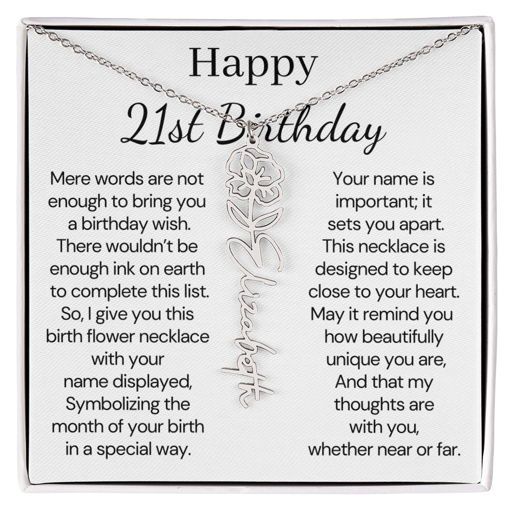 Personalized 21st Birthday Gift for Her – Customized Birth Flower Name Necklace – 21st Birthday Jewelry Gift for Granddaughter, Daughter, or Niece