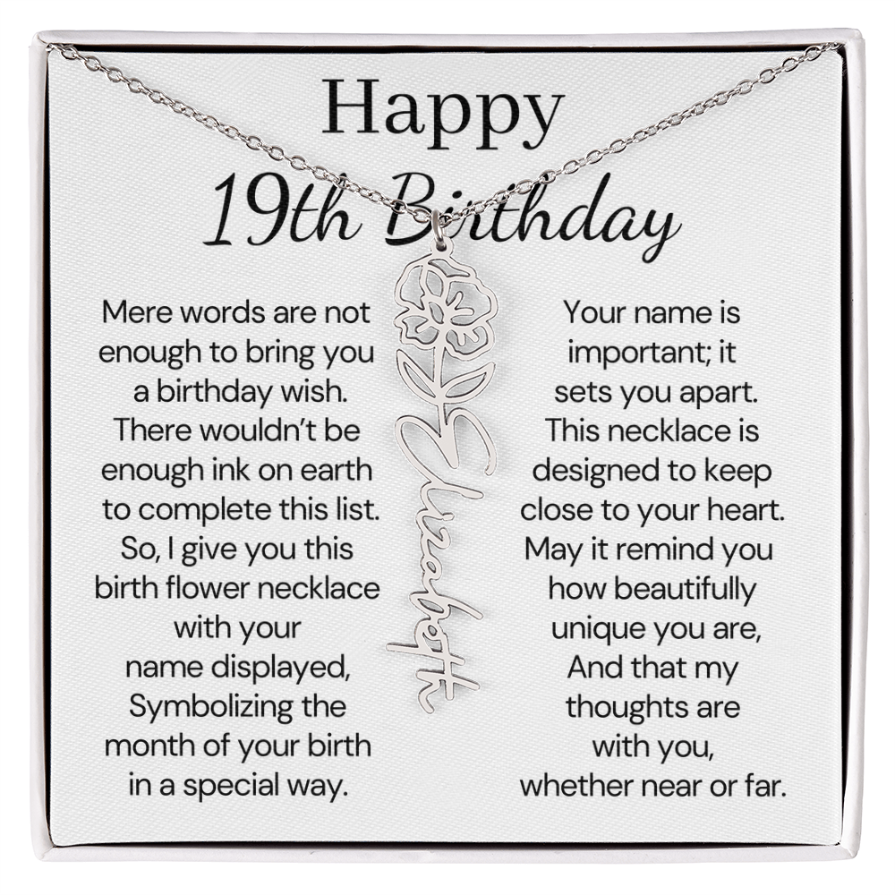 Personalized 19th Birthday Gift for Her – Customized Birth Flower Name Necklace – 19th Birthday Jewelry Gift for Granddaughter, Daughter, or Niece