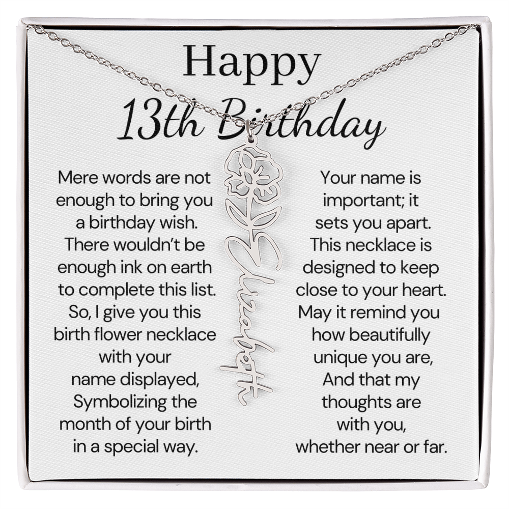 Personalized 13th Birthday Gift for Her – Customized Birth Flower Name Necklace – Teen Birthday Jewelry Gift for Granddaughter, Daughter, or Niece