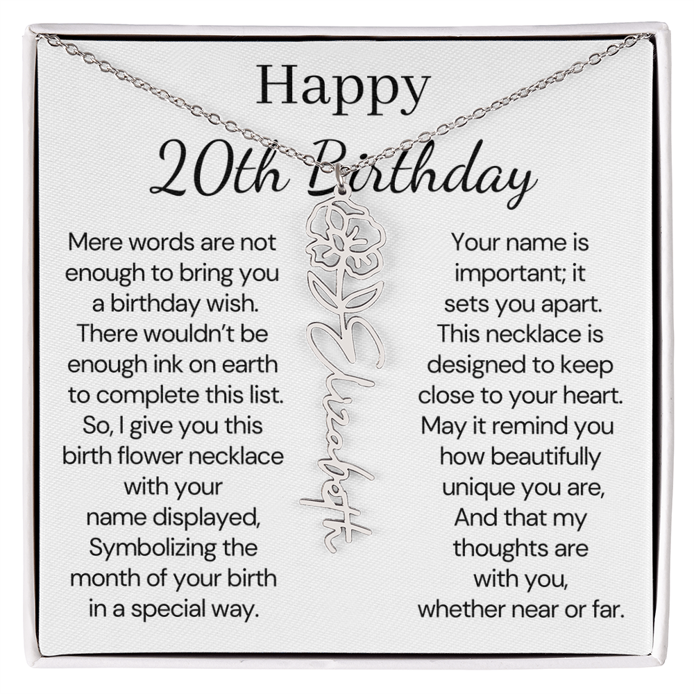 Personalized 20th Birthday Gift for Her – Customized Birth Flower Name Necklace – 20th Birthday Jewelry Gift for Daughter, Granddaughter, or Niece