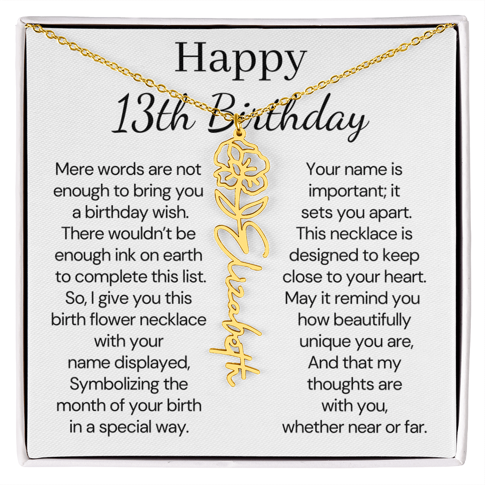 Personalized 13th Birthday Gift for Her – Customized Birth Flower Name Necklace – Teen Birthday Jewelry Gift for Granddaughter, Daughter, or Niece