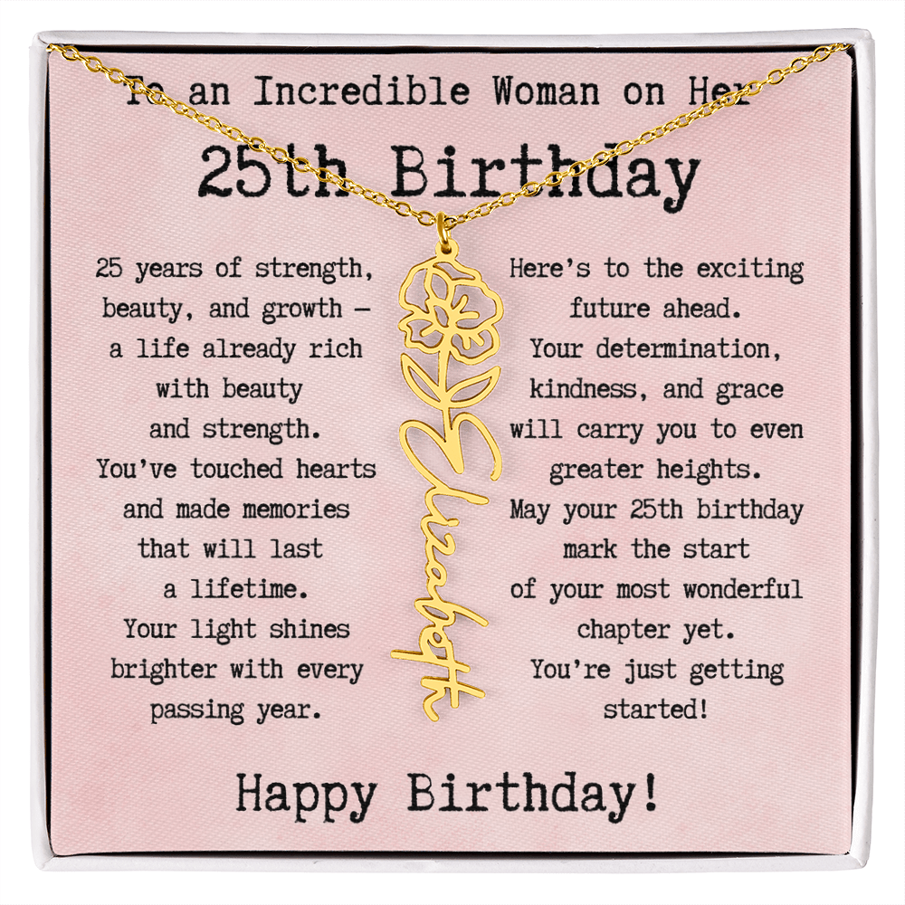 Personalized 25th Birthday Gift for Her – Customized Birth Flower Name Necklace – Unique Twenty-Fifth Birthday Jewelry Gift from Grandma, Mom, Aunt, or Friend