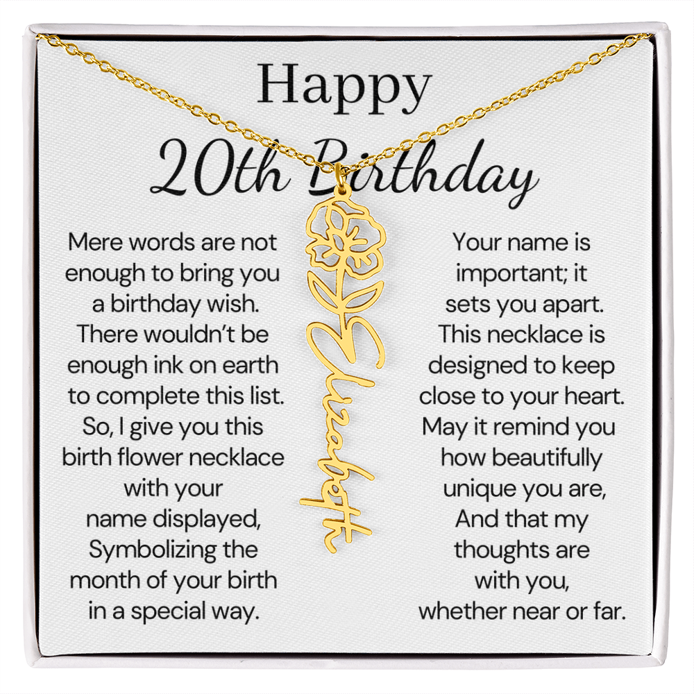 Personalized 20th Birthday Gift for Her – Customized Birth Flower Name Necklace – 20th Birthday Jewelry Gift for Daughter, Granddaughter, or Niece