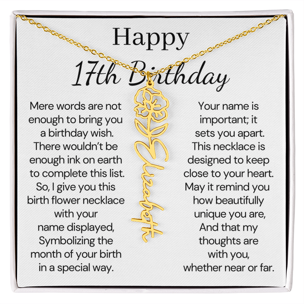Personalized 17th Birthday Gift for Her – Customized Birth Flower Name Necklace – Jewelry Gift for Daughter, Granddaughter, or Niece