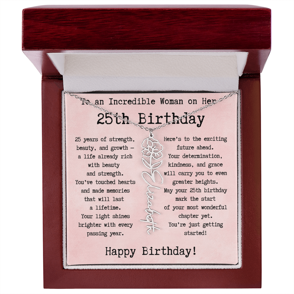 Personalized 25th Birthday Gift for Her – Customized Birth Flower Name Necklace – Unique Twenty-Fifth Birthday Jewelry Gift from Grandma, Mom, Aunt, or Friend