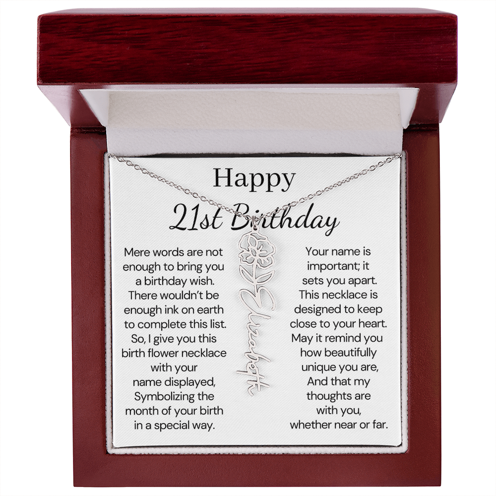 Personalized 21st Birthday Gift for Her – Customized Birth Flower Name Necklace – 21st Birthday Jewelry Gift for Granddaughter, Daughter, or Niece