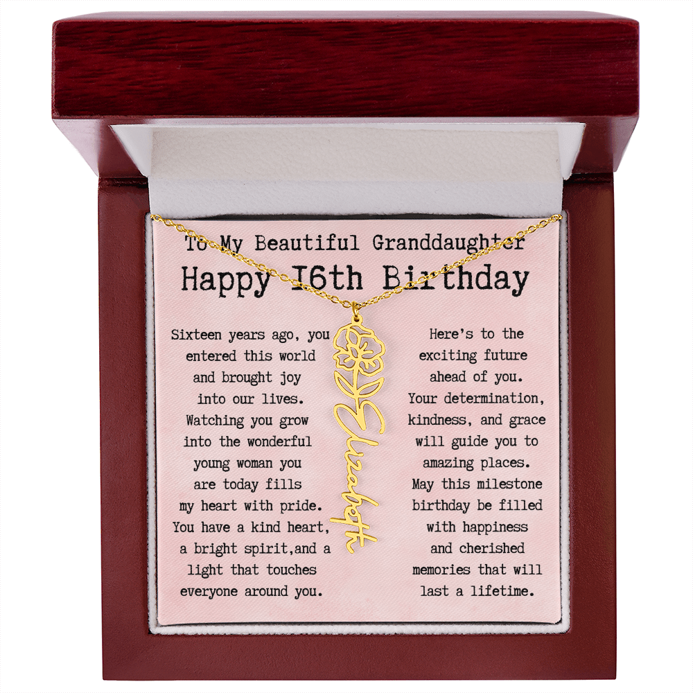 Personalized 16th Birthday Gift for Granddaughter – Customized Birth Flower Name Necklace – Sweet Sixteenth Jewelry Gift from Grandma