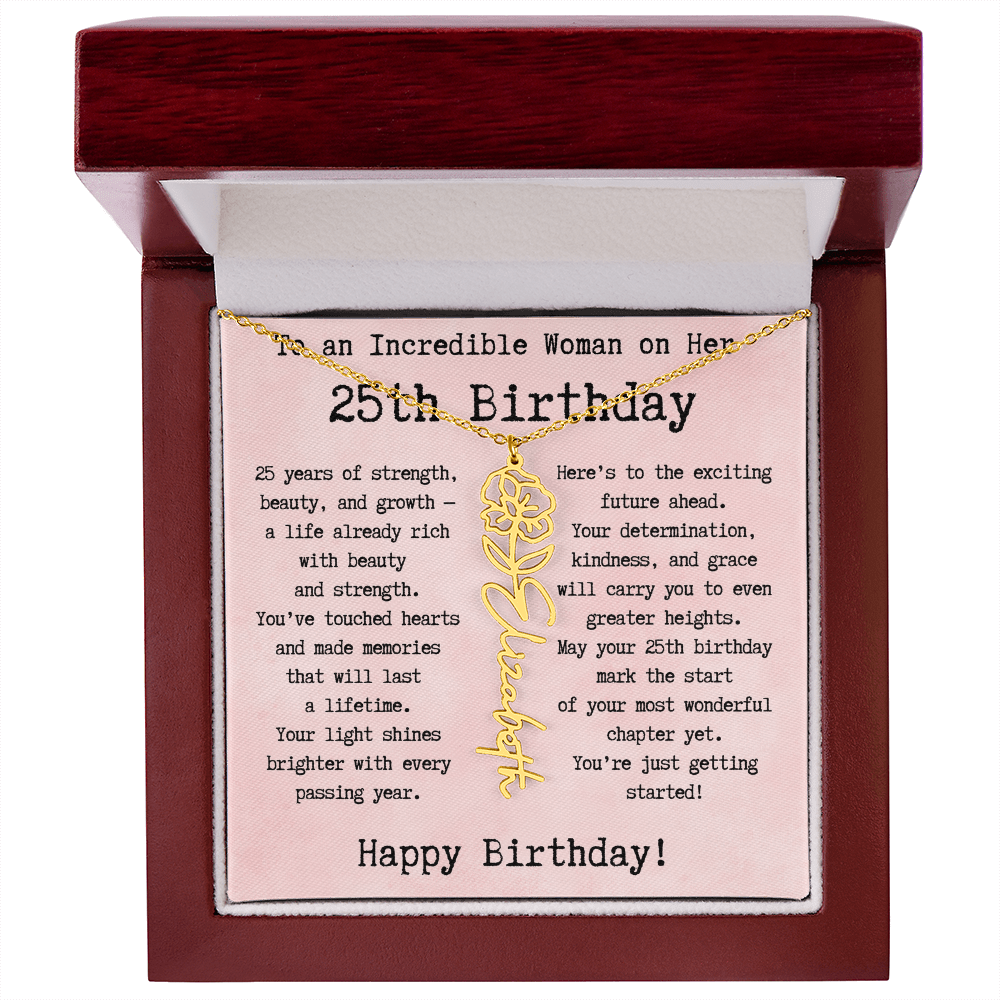 Personalized 25th Birthday Gift for Her – Customized Birth Flower Name Necklace – Unique Twenty-Fifth Birthday Jewelry Gift from Grandma, Mom, Aunt, or Friend