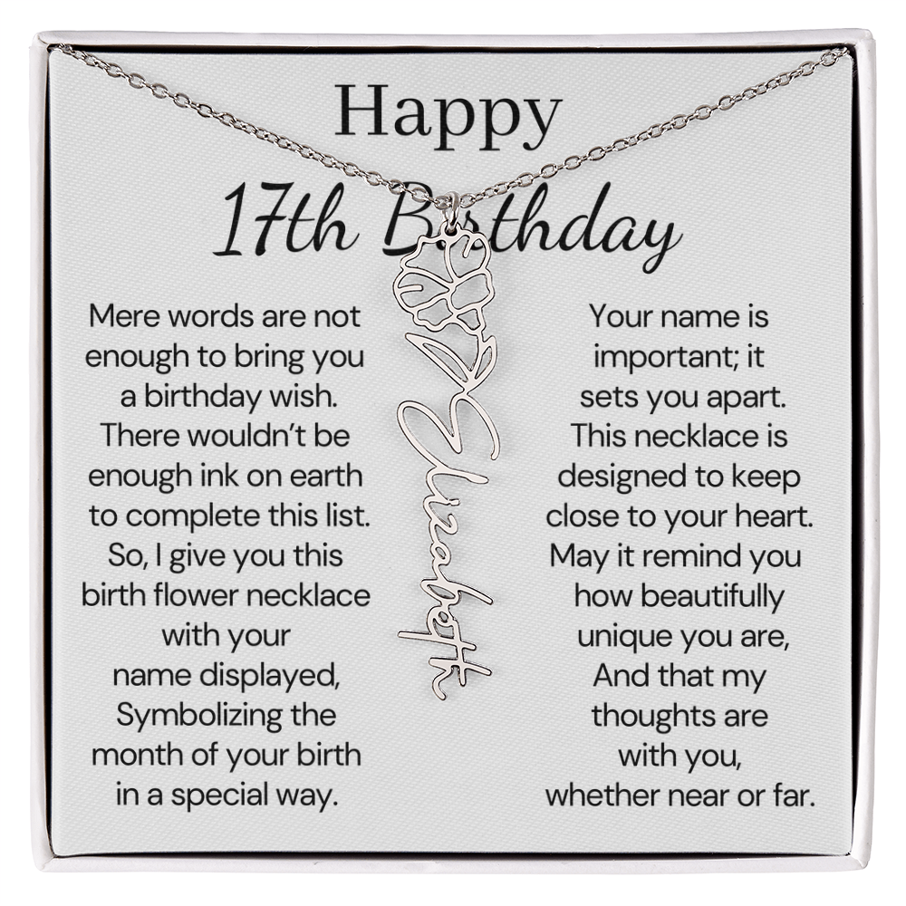 Personalized 17th Birthday Gift for Her – Customized Birth Flower Name Necklace – Jewelry Gift for Daughter, Granddaughter, or Niece