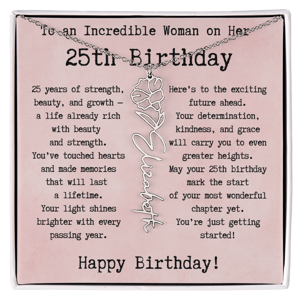 Personalized 25th Birthday Gift for Her – Customized Birth Flower Name Necklace – Unique Twenty-Fifth Birthday Jewelry Gift from Grandma, Mom, Aunt, or Friend