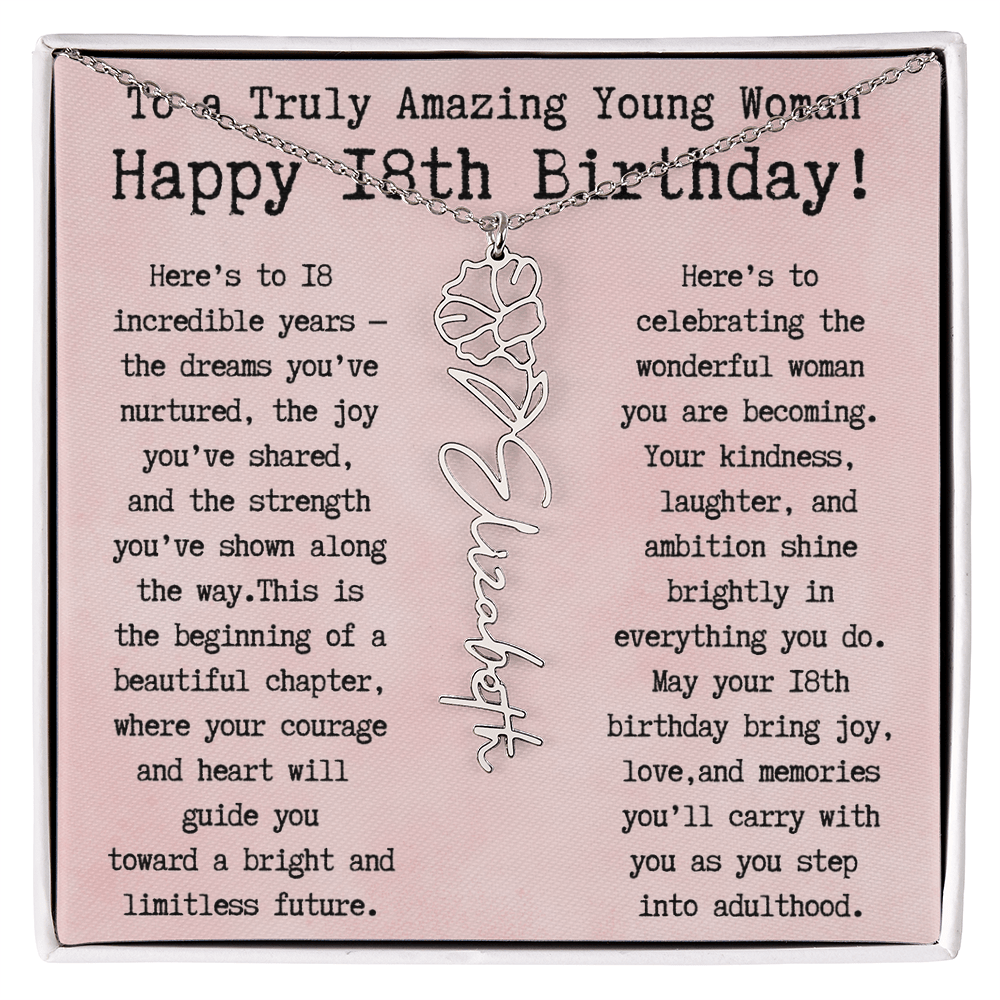 Personalized 18th Birthday Gift for Her – Customized Birth Flower Name Necklace – Unique Eighteenth Birthday Jewelry Gift from Grandma, Mom, Aunt, or Friend