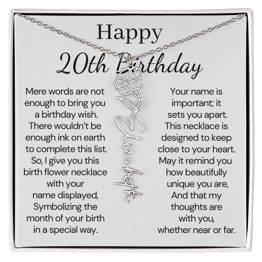 Personalized 20th Birthday Gift for Her – Customized Birth Flower Name Necklace – 20th Birthday Jewelry Gift for Daughter, Granddaughter, or Niece