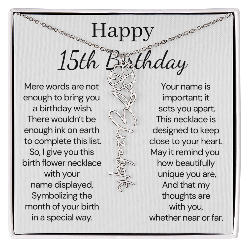Personalized 15th Birthday Gift for Her – Customized Birth Flower Name Necklace – 15th Birthday Jewelry Gift for Granddaughter, Daughter, or Niece