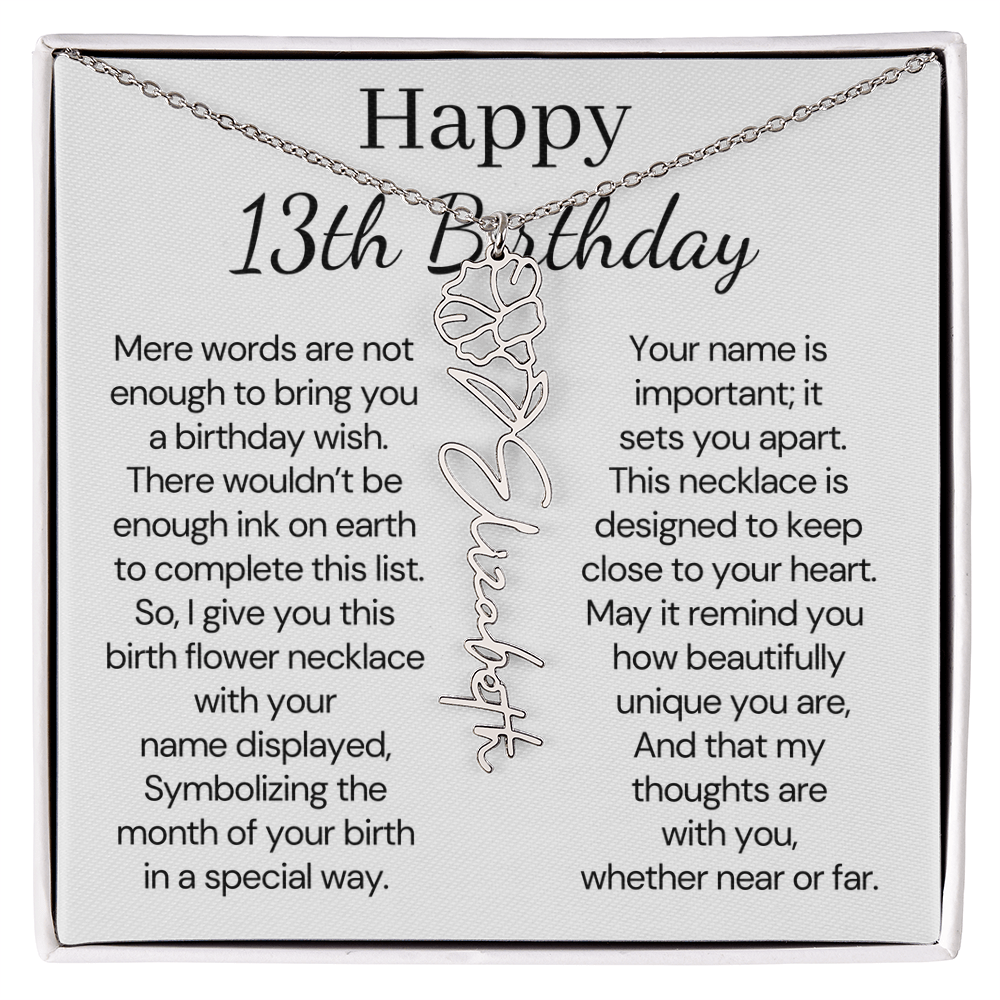 Personalized 13th Birthday Gift for Her – Customized Birth Flower Name Necklace – Teen Birthday Jewelry Gift for Granddaughter, Daughter, or Niece