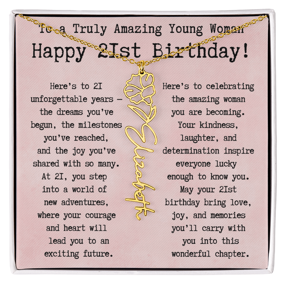 Personalized 21st Birthday Gift for Her – Customized Birth Flower Name Necklace – Unique Twenty-First Birthday Jewelry Gift from Grandma, Mom, Aunt, or Friend