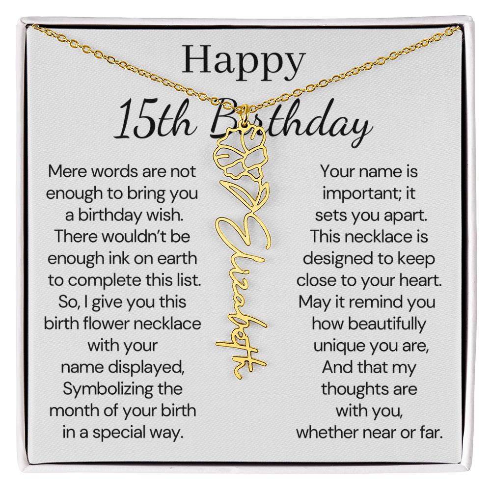 Personalized 15th Birthday Gift for Her – Customized Birth Flower Name Necklace – 15th Birthday Jewelry Gift for Granddaughter, Daughter, or Niece