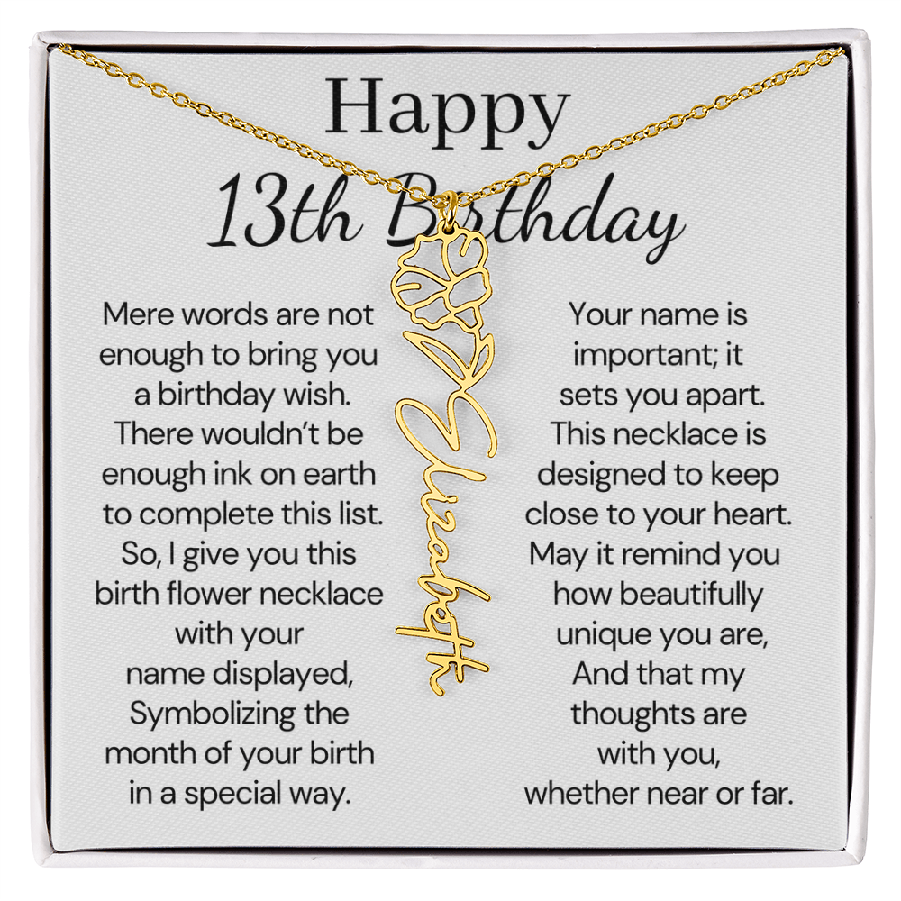 Personalized 13th Birthday Gift for Her – Customized Birth Flower Name Necklace – Teen Birthday Jewelry Gift for Granddaughter, Daughter, or Niece