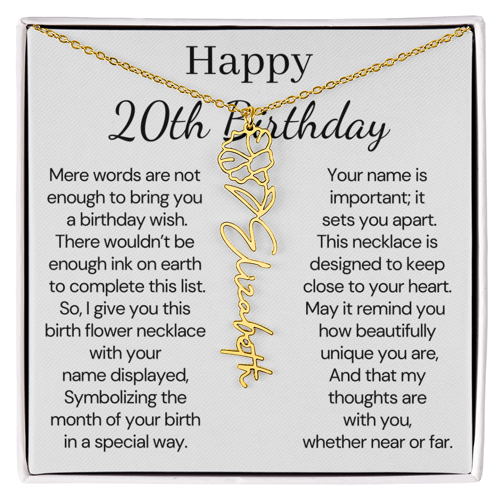 Personalized 20th Birthday Gift for Her – Customized Birth Flower Name Necklace – 20th Birthday Jewelry Gift for Daughter, Granddaughter, or Niece