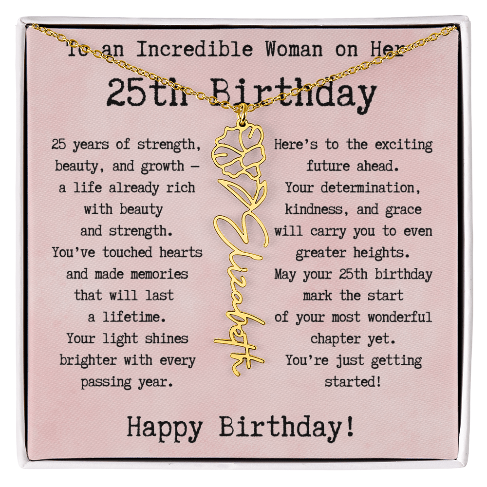 Personalized 25th Birthday Gift for Her – Customized Birth Flower Name Necklace – Unique Twenty-Fifth Birthday Jewelry Gift from Grandma, Mom, Aunt, or Friend