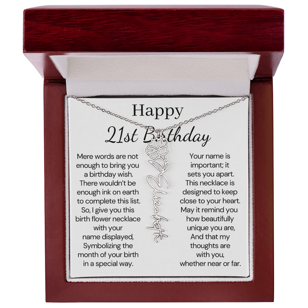 Personalized 21st Birthday Gift for Her – Customized Birth Flower Name Necklace – 21st Birthday Jewelry Gift for Granddaughter, Daughter, or Niece