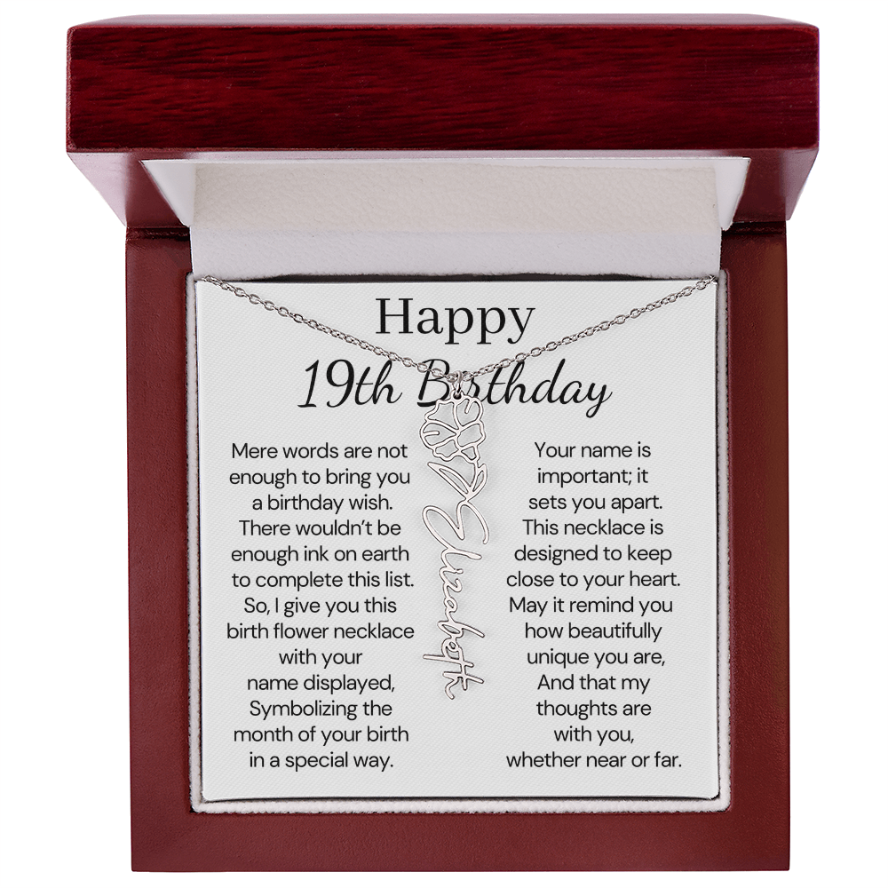 Personalized 19th Birthday Gift for Her – Customized Birth Flower Name Necklace – 19th Birthday Jewelry Gift for Granddaughter, Daughter, or Niece