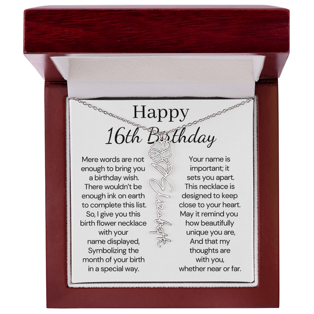 Personalized 16th Birthday Gift for Her – Customized Birth Flower Name Necklace – Jewelry Gift for Granddaughter, Daughter, or Niece