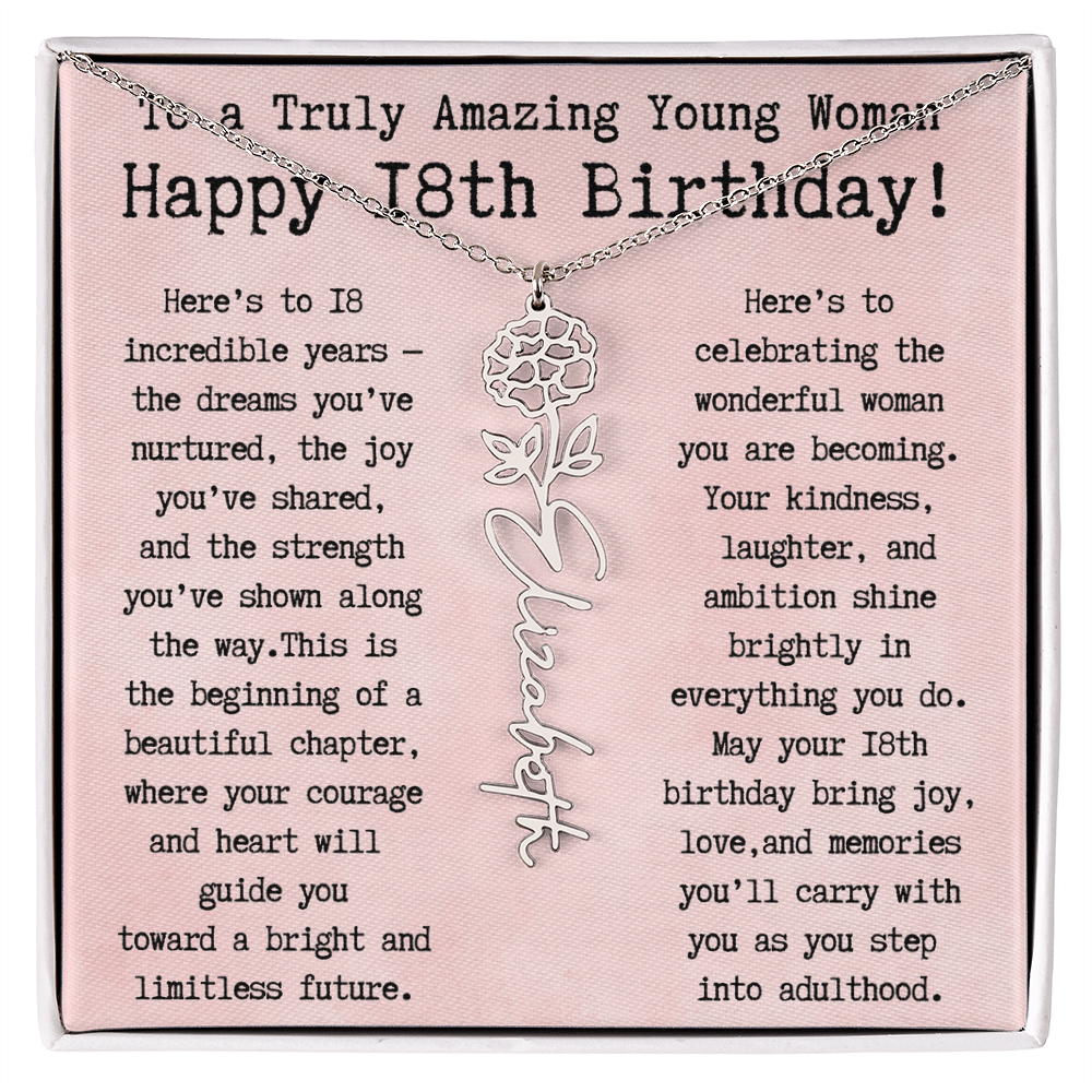 Personalized 18th Birthday Gift for Her – Customized Birth Flower Name Necklace – Unique Eighteenth Birthday Jewelry Gift from Grandma, Mom, Aunt, or Friend