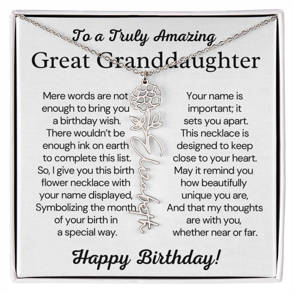 Personalized Birthday Gift for Great Granddaughter – Customized Birth Flower Name Necklace – Custom Jewelry Gift from Grandma