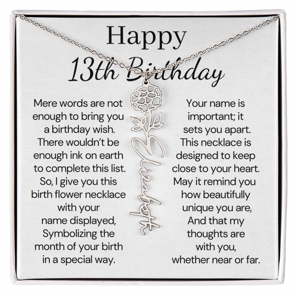 Personalized 13th Birthday Gift for Her – Customized Birth Flower Name Necklace – Teen Birthday Jewelry Gift for Granddaughter, Daughter, or Niece