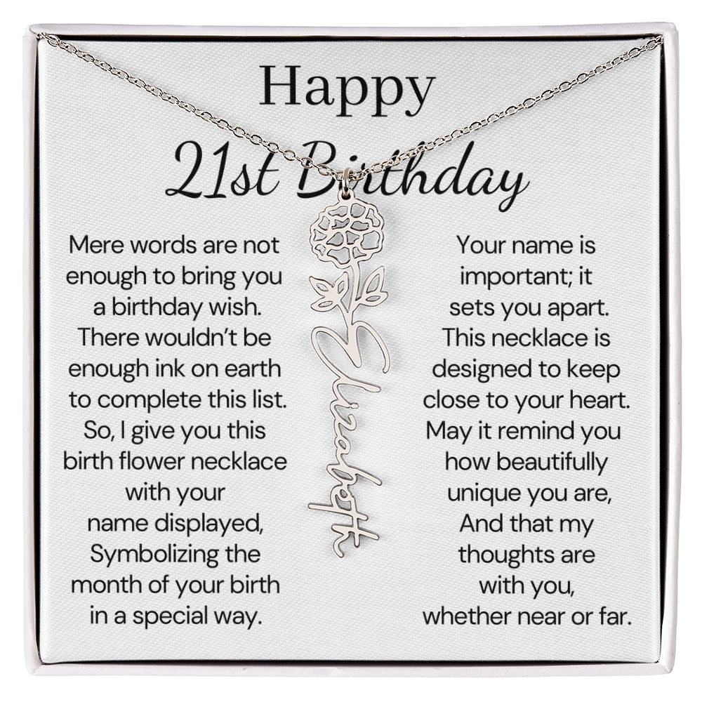 Personalized 21st Birthday Gift for Her – Customized Birth Flower Name Necklace – 21st Birthday Jewelry Gift for Granddaughter, Daughter, or Niece