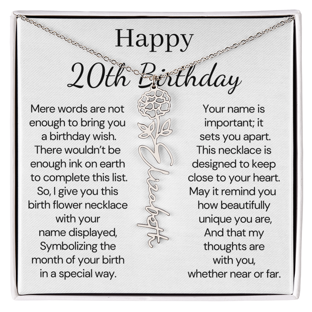Personalized 20th Birthday Gift for Her – Customized Birth Flower Name Necklace – 20th Birthday Jewelry Gift for Daughter, Granddaughter, or Niece