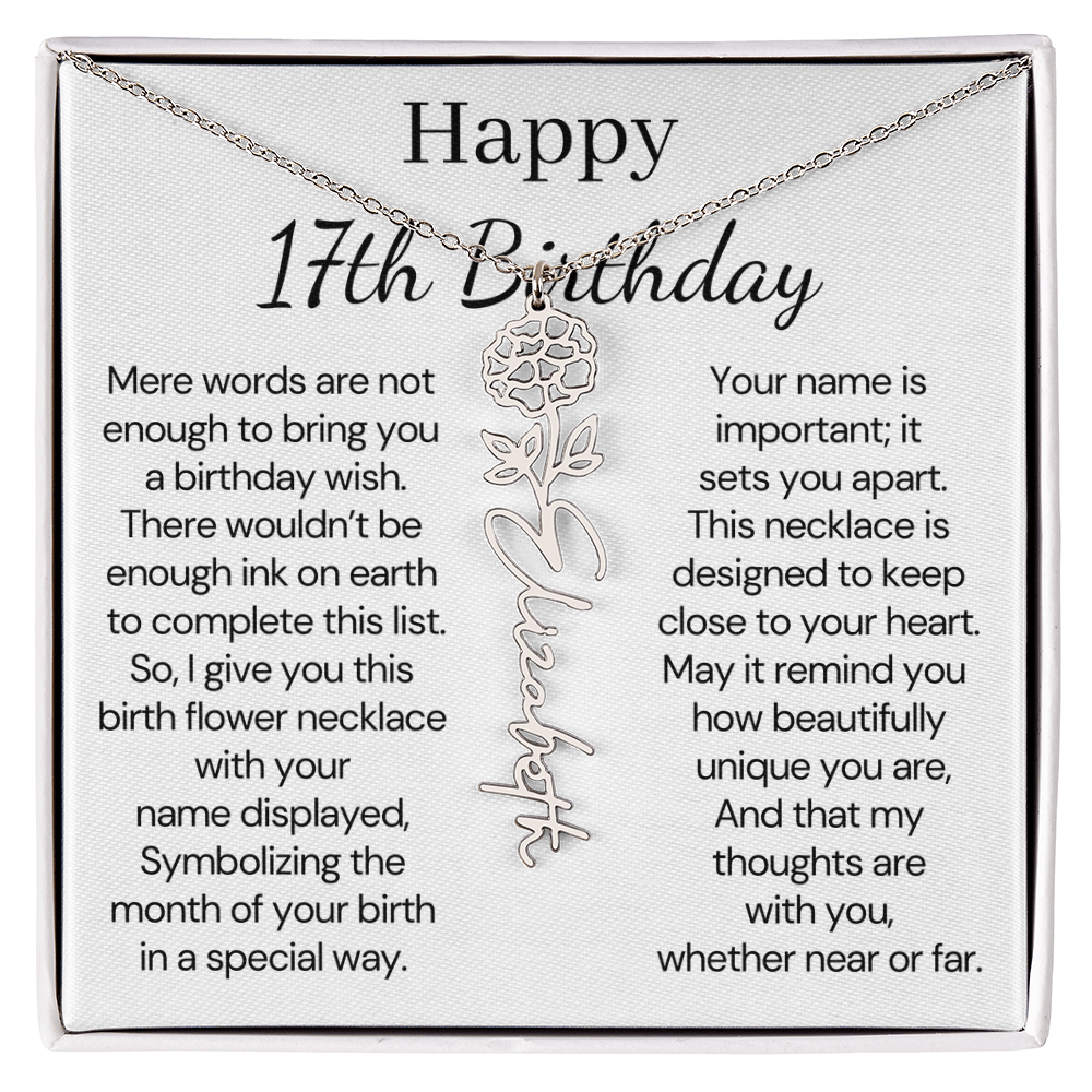 Personalized 17th Birthday Gift for Her – Customized Birth Flower Name Necklace – Jewelry Gift for Daughter, Granddaughter, or Niece