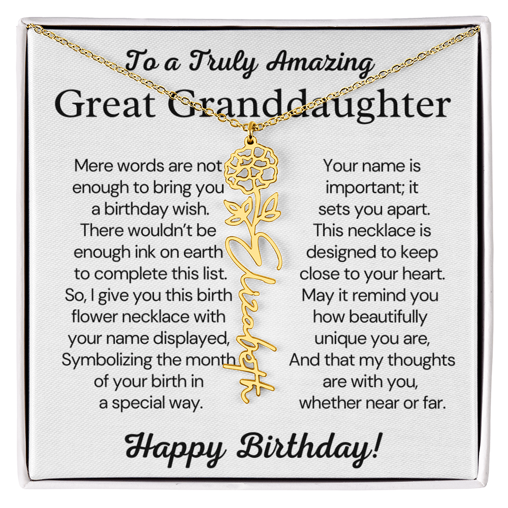 Personalized Birthday Gift for Great Granddaughter – Customized Birth Flower Name Necklace – Custom Jewelry Gift from Grandma