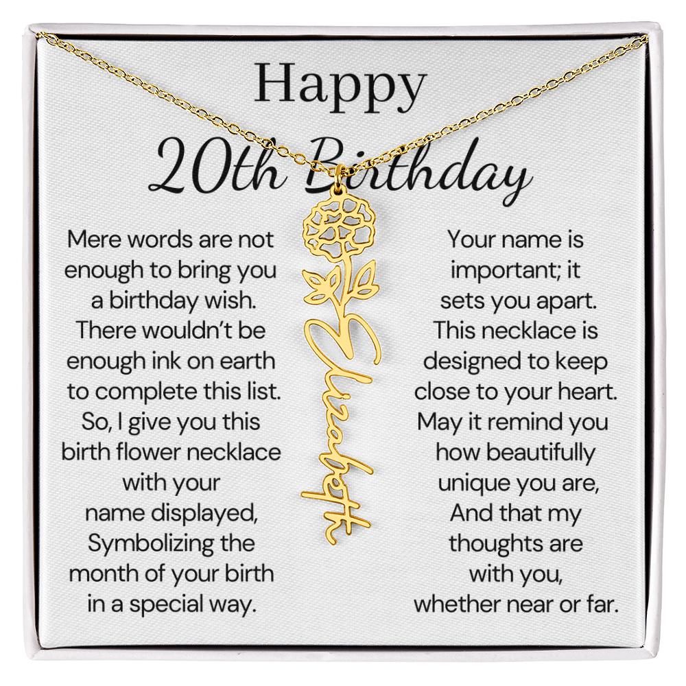 Personalized 20th Birthday Gift for Her – Customized Birth Flower Name Necklace – 20th Birthday Jewelry Gift for Daughter, Granddaughter, or Niece