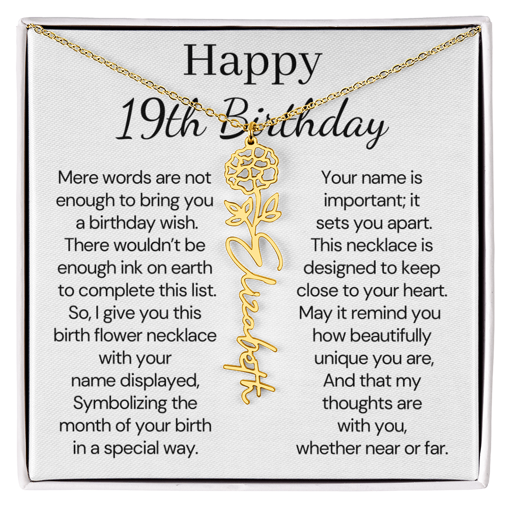 Personalized 19th Birthday Gift for Her – Customized Birth Flower Name Necklace – 19th Birthday Jewelry Gift for Granddaughter, Daughter, or Niece