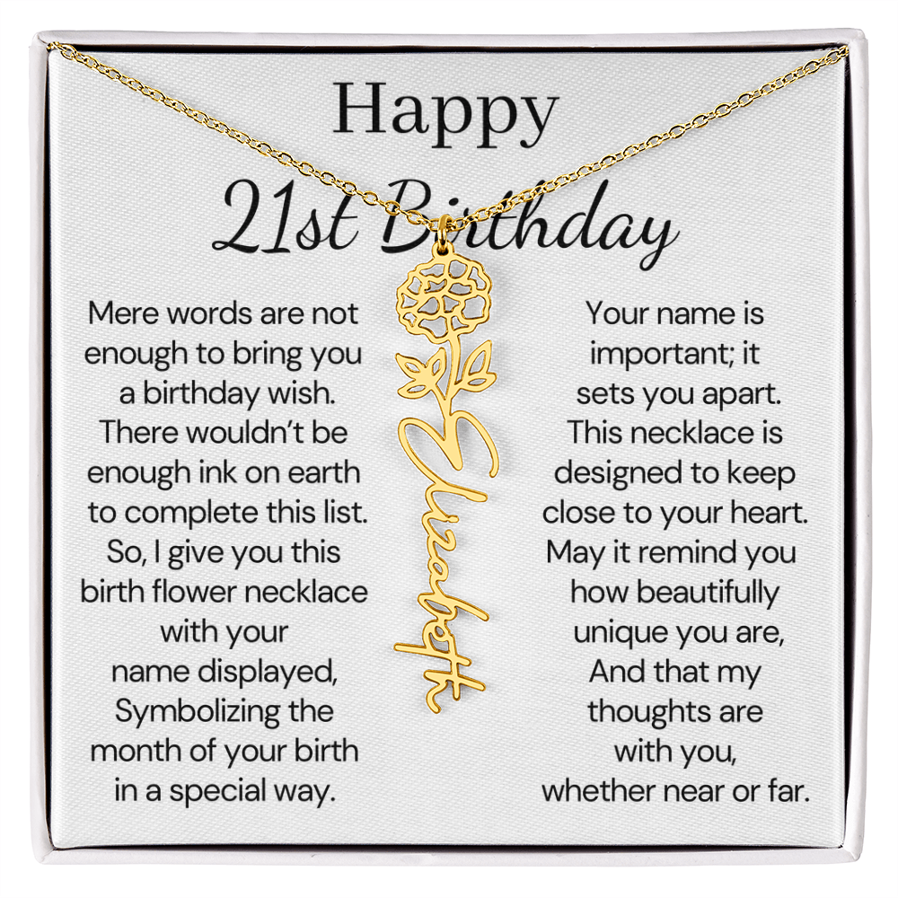 Personalized 21st Birthday Gift for Her – Customized Birth Flower Name Necklace – 21st Birthday Jewelry Gift for Granddaughter, Daughter, or Niece