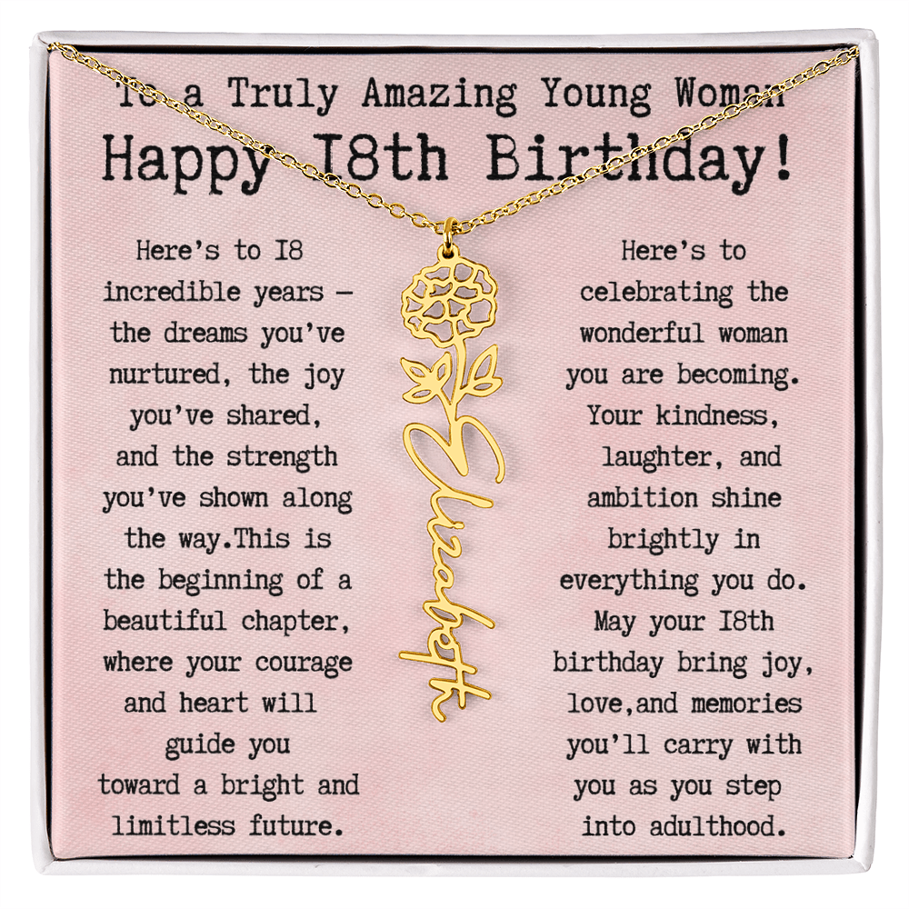 Personalized 18th Birthday Gift for Her – Customized Birth Flower Name Necklace – Unique Eighteenth Birthday Jewelry Gift from Grandma, Mom, Aunt, or Friend