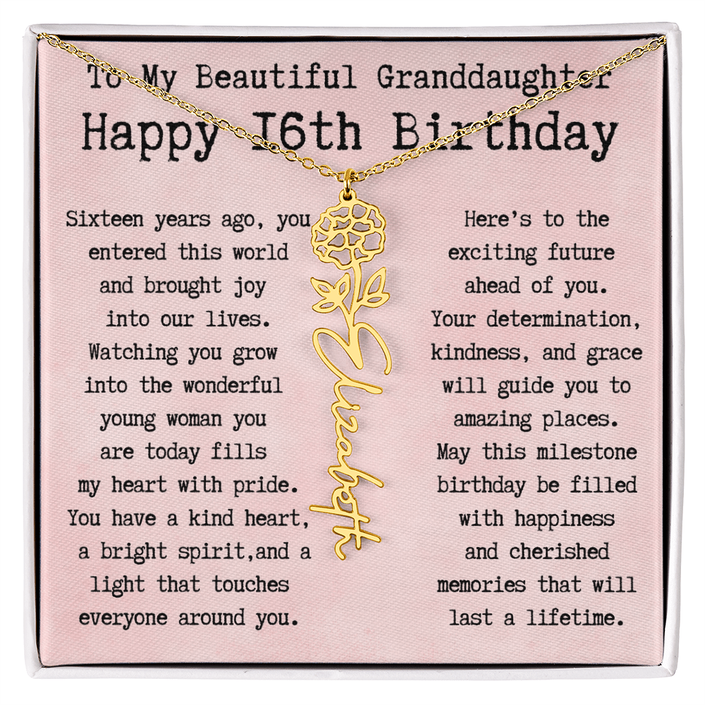 Personalized 16th Birthday Gift for Granddaughter – Customized Birth Flower Name Necklace – Sweet Sixteenth Jewelry Gift from Grandma